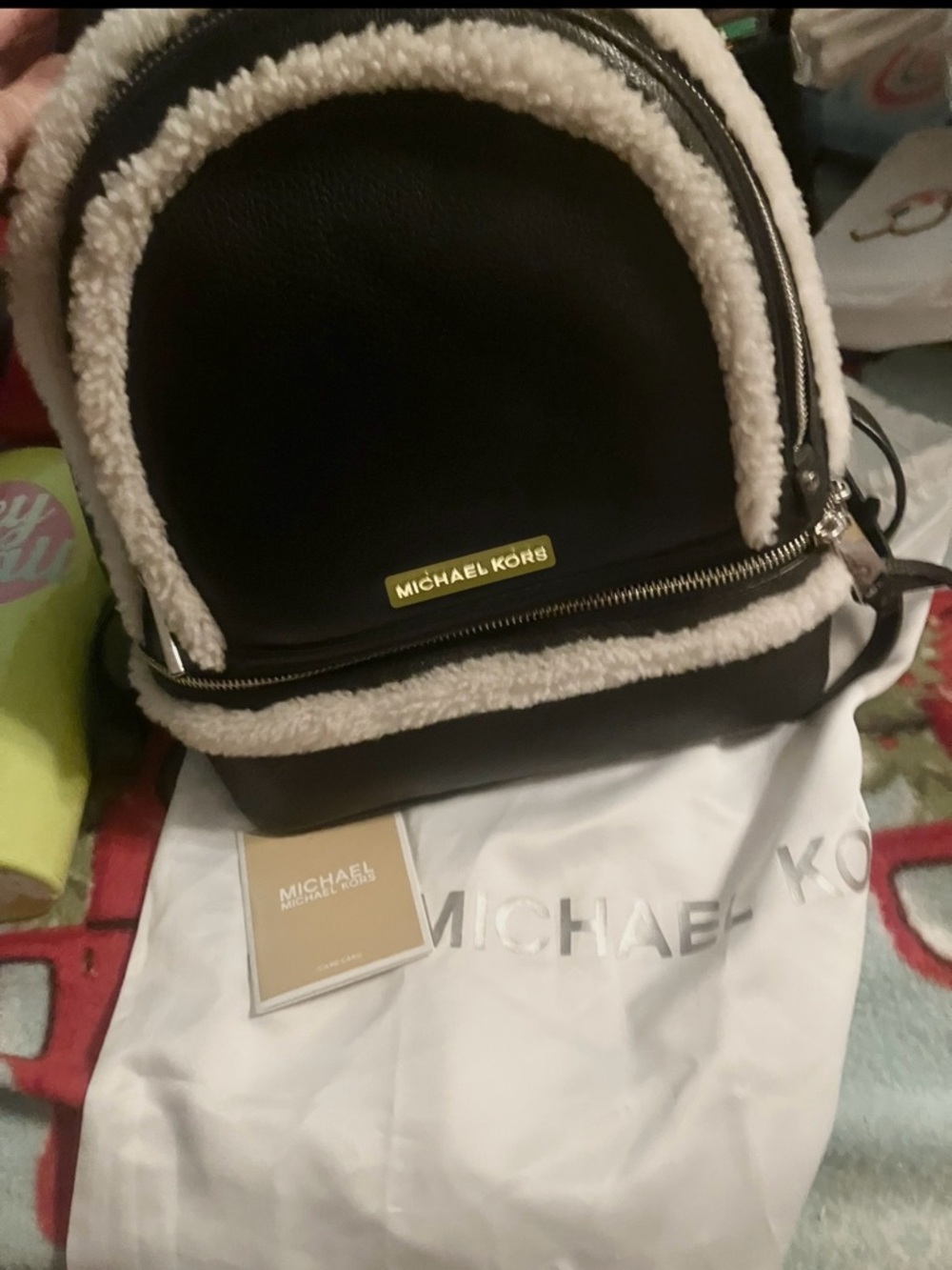 Michael Kors Black Mini Backpack with Cream Shearling Trim